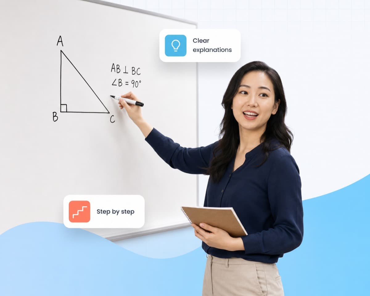 A teacher explaining a right-angled triangle on a whiteboard