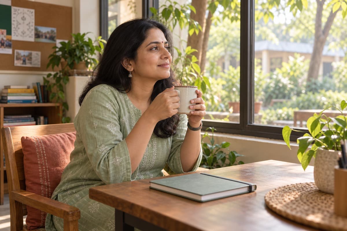 A teacher taking a quiet moment with a cup of tea by a window