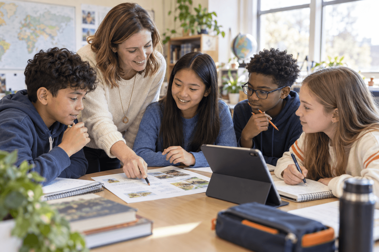 A teacher supporting learners through a practical classroom activity