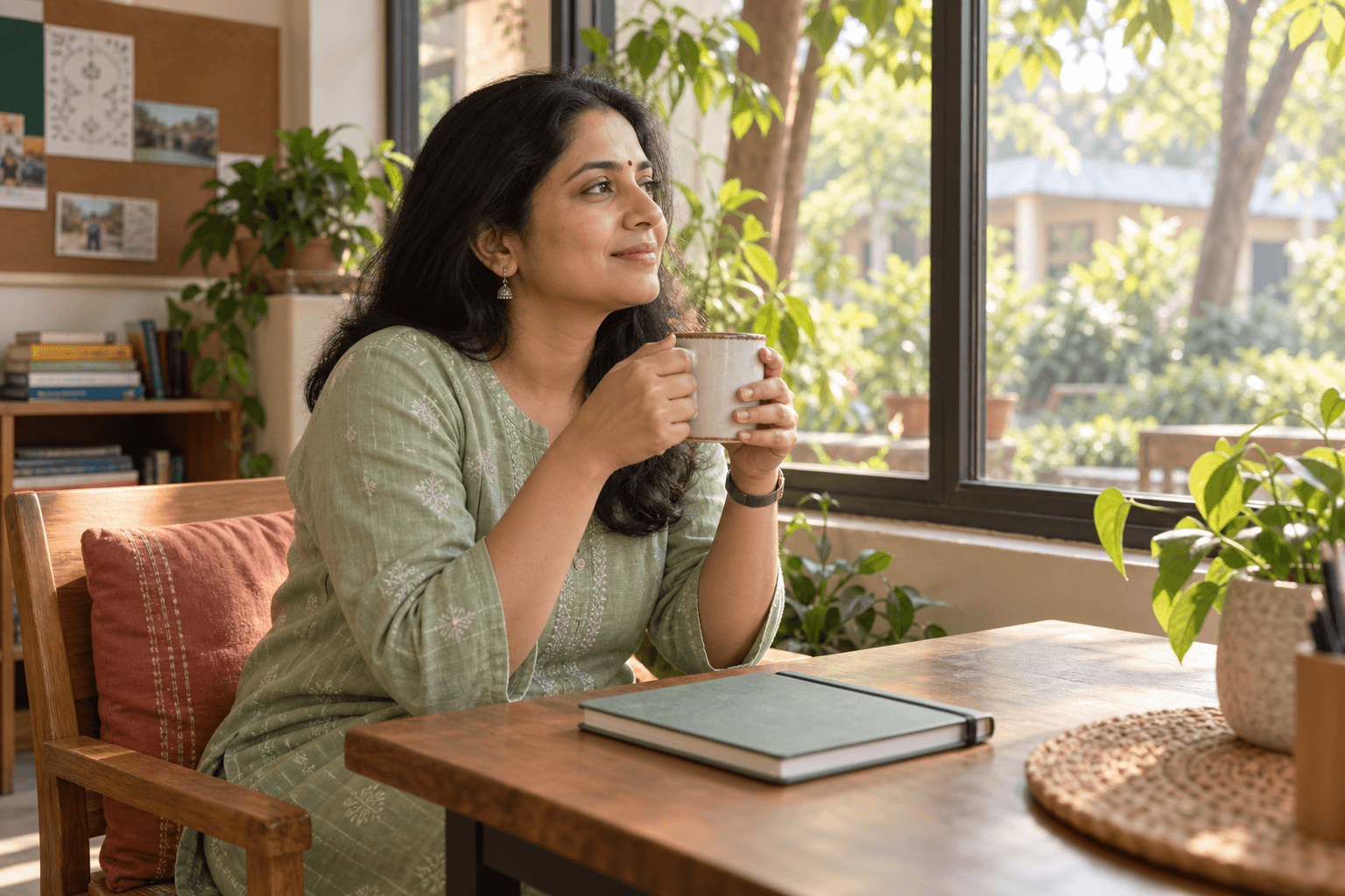 A teacher taking a quiet break with a cup beside a sunlit window
