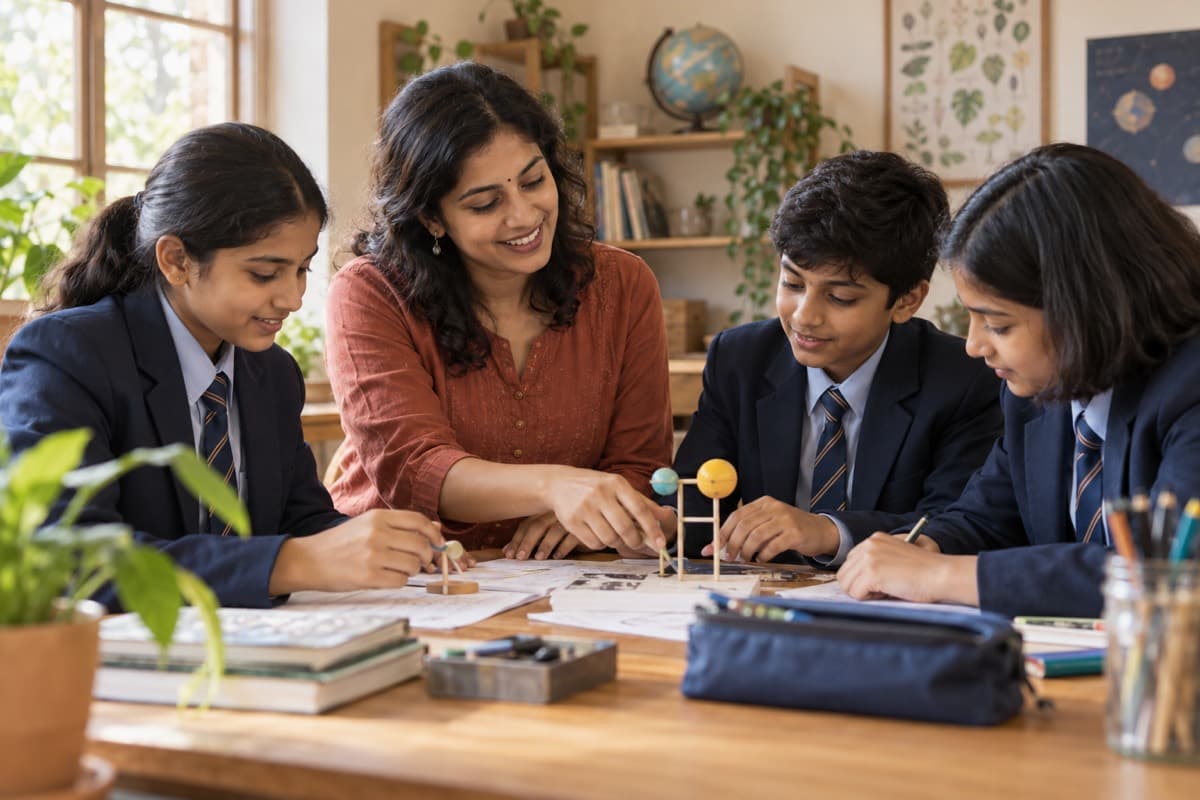 A teacher working with students on a model of the solar system
