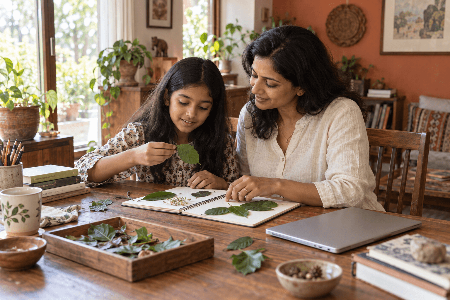 A parent and child exploring a nature activity together at home