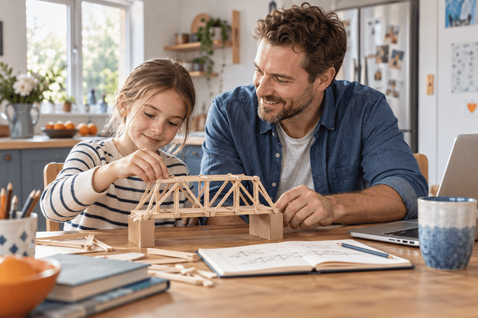 A parent and child working on a learning activity together at home