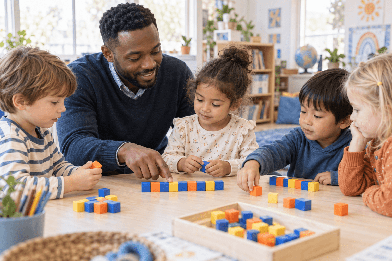 A teacher supporting learners through a practical classroom activity