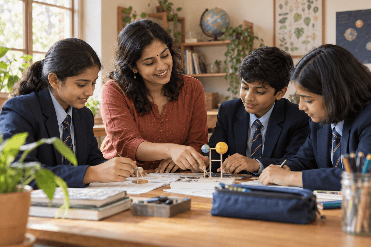 A teacher and learners working together on a classroom science activity