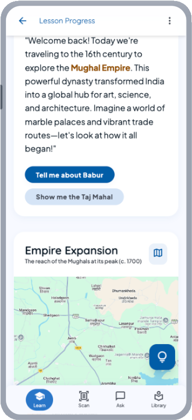 Mentora lesson screen exploring the Mughal Empire with an interactive map