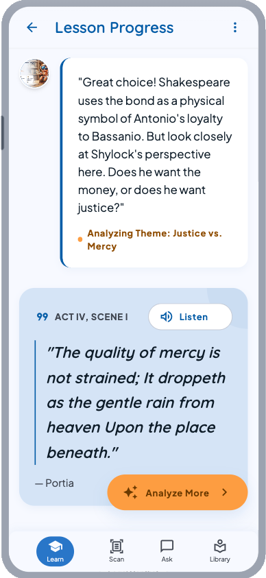 Mentora lesson progress screen analyzing a Shakespeare quote