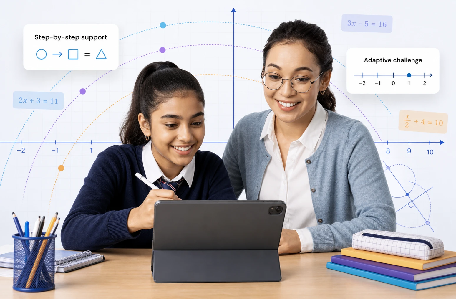 Teacher helping a student work through step-by-step algebra practice on a tablet, with an adaptive challenge tracker