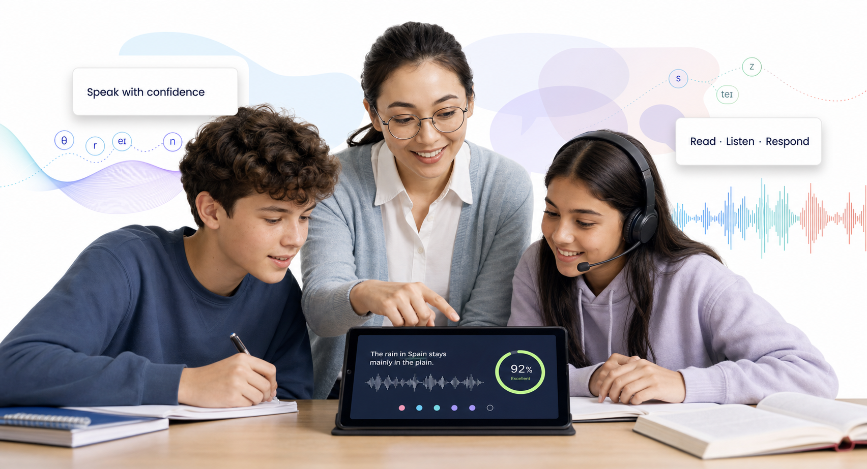 Teacher and students reviewing a spoken-language exercise on a tablet